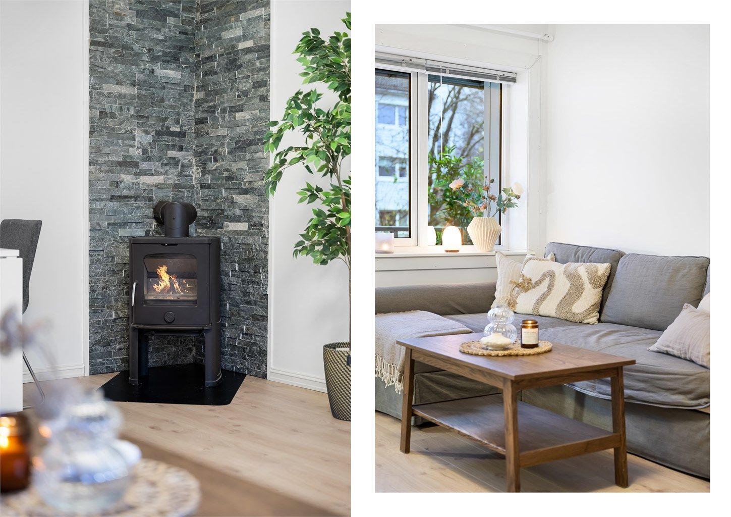 Leiligheten har peis i stuen. Dette skaper en koselig og behagelig atmosfære på de kalde høst- og vinterdagene!