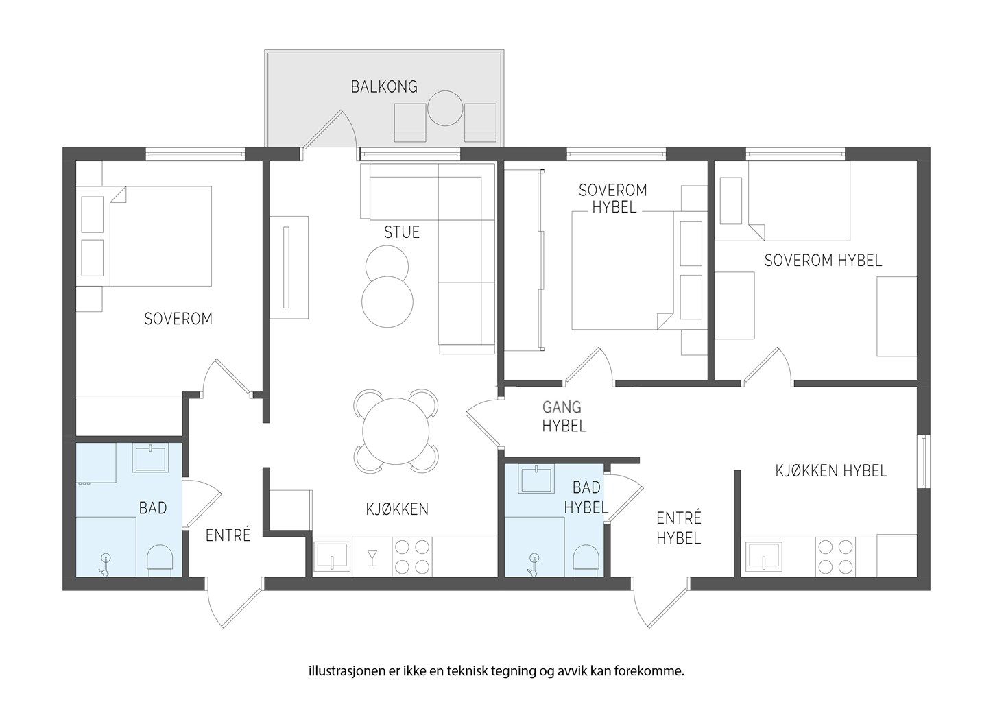 Alternativplan Ved utleie av 2 soverom inngår gang og tilhørende soverom i hybeldelen.  Leieestimat: 17 000–18 000 kr per måned (for hybel med to soverom).