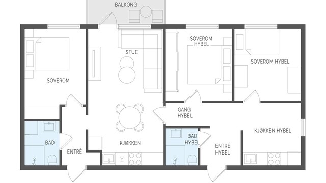Alternativplan Ved utleie av 2 soverom inngår gang og tilhørende soverom i hybeldelen. Leieestimat: 17 000–18 000 kr per måned (for hybel med to soverom).