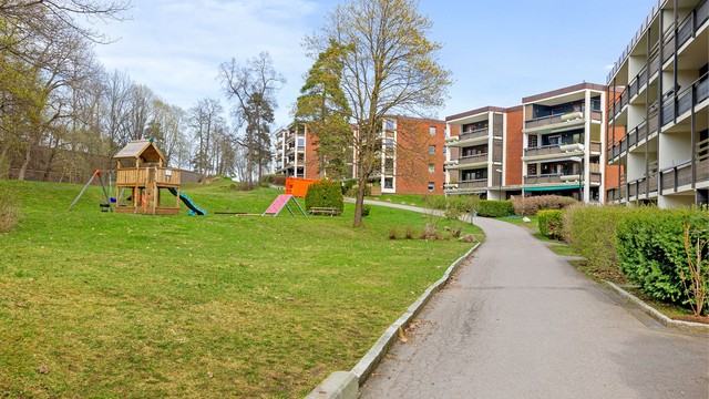 Sameiets felles tomt er pent opparbeidet med plener, beplantning og interne veier.