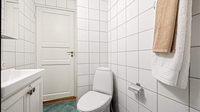 Videre med gulvstående toalett og dusjsone med glassdører.