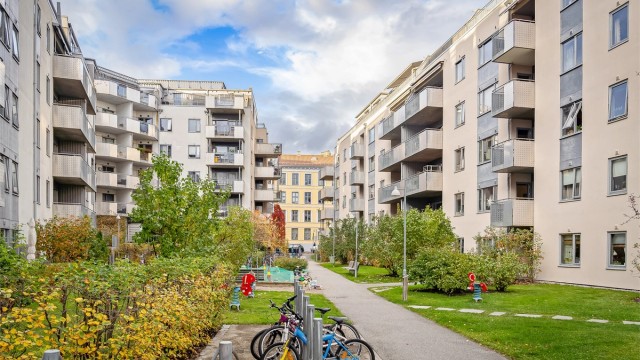 Pent opparbeidet bakgård med gressplen, beplantning og felles sykkelparkering