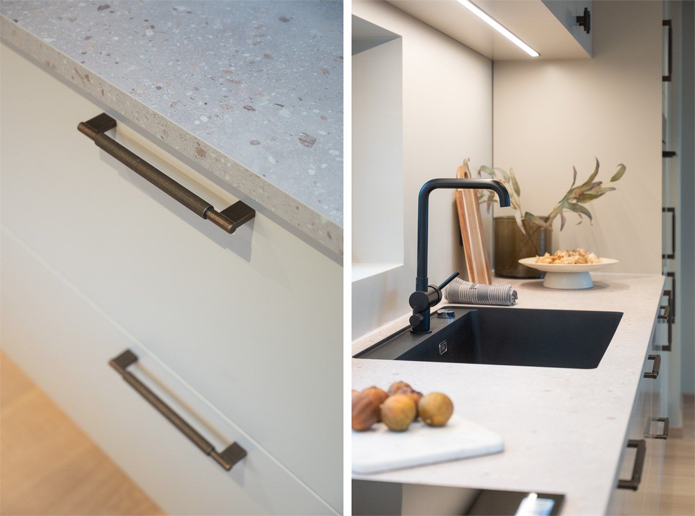 Kjøkkenet er utstyrt med et stilrent Tapwell-armatur og påkostede detaljer.