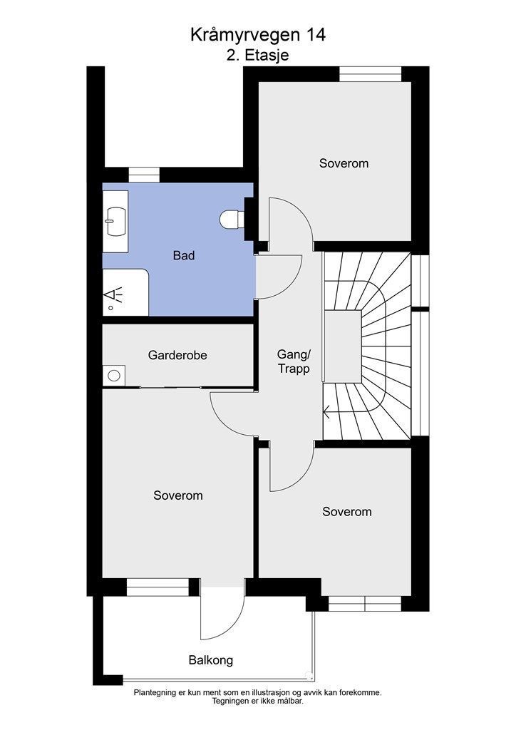 Andre etasje inneholder tre soverom, garderobe og etasjens hovedbad.