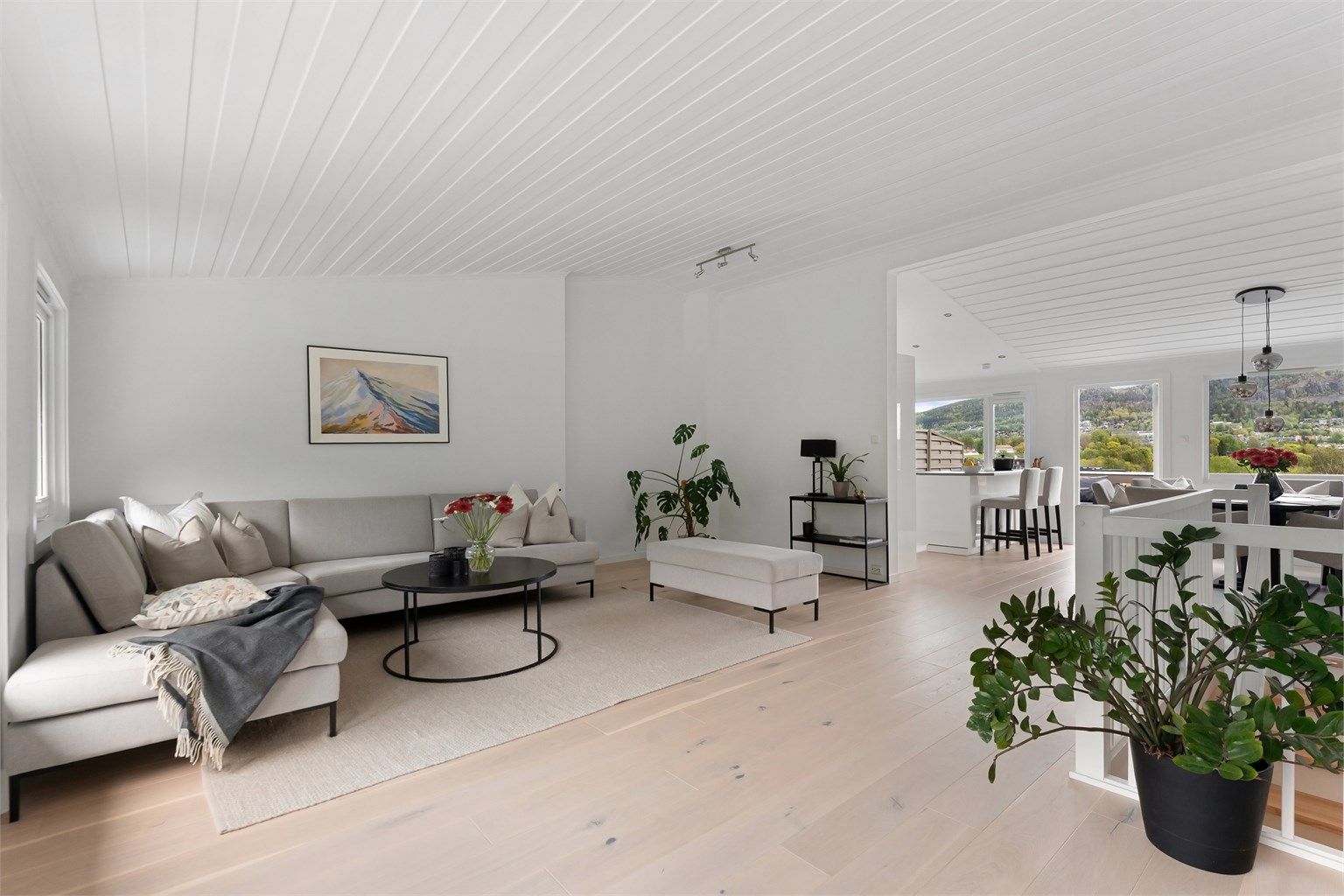Rommet har gode møbleringsmuligheter med plass for sofagruppe, TV-seksjon, spisegruppe og annet passende møblement