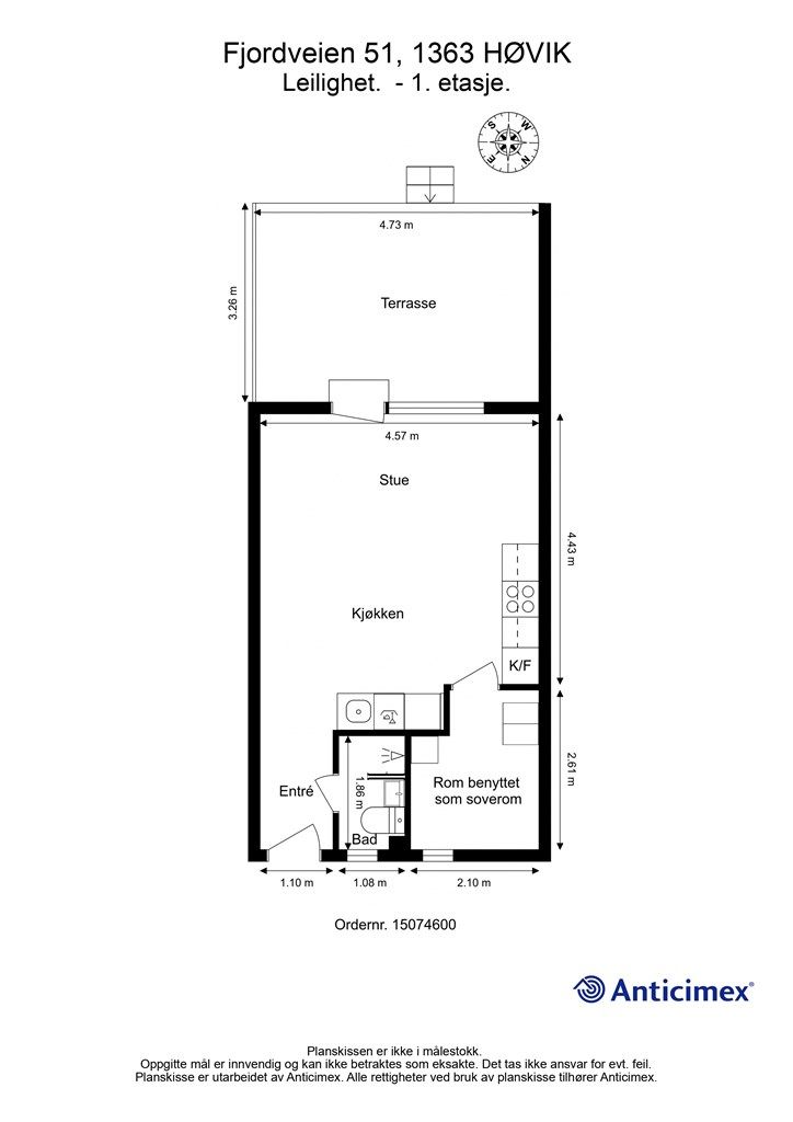 Planløsningen på 33 m² er smart utnyttet med en åpen stue- og kjøkkenløsning, bad, entré og en praktisk sovealkove.