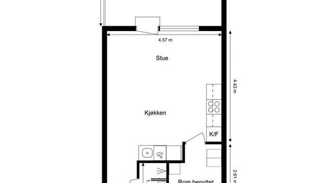 Planløsningen på 33 m² er smart utnyttet med en åpen stue- og kjøkkenløsning, bad, entré og en praktisk sovealkove.