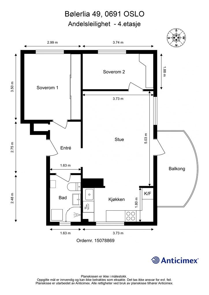 Leiligheten har en arealeffektiv planløsning med entré, to soverom, bad og stue med åpent kjøkken.