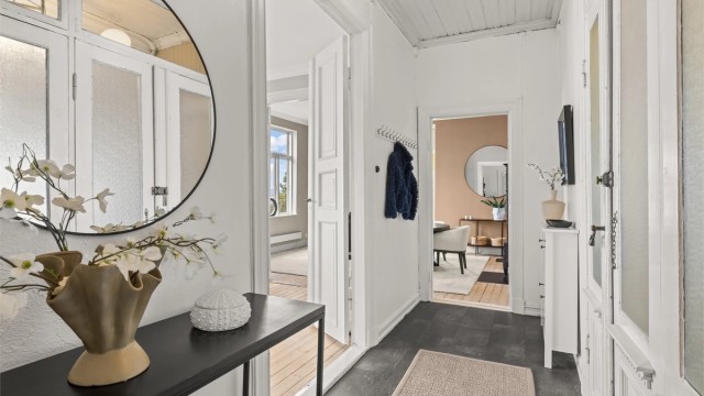 Entré med god takhøyde og 2-fløyet inngangsdør med glass