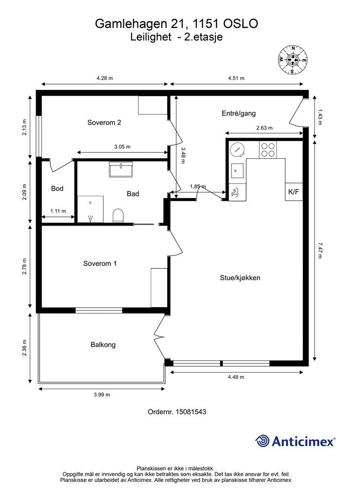 En arealeffektiv planløsning fordelt på 73 m² med to soverom, åpen stue- og kjøkkenløsning, bad og en praktisk innvendig bod.