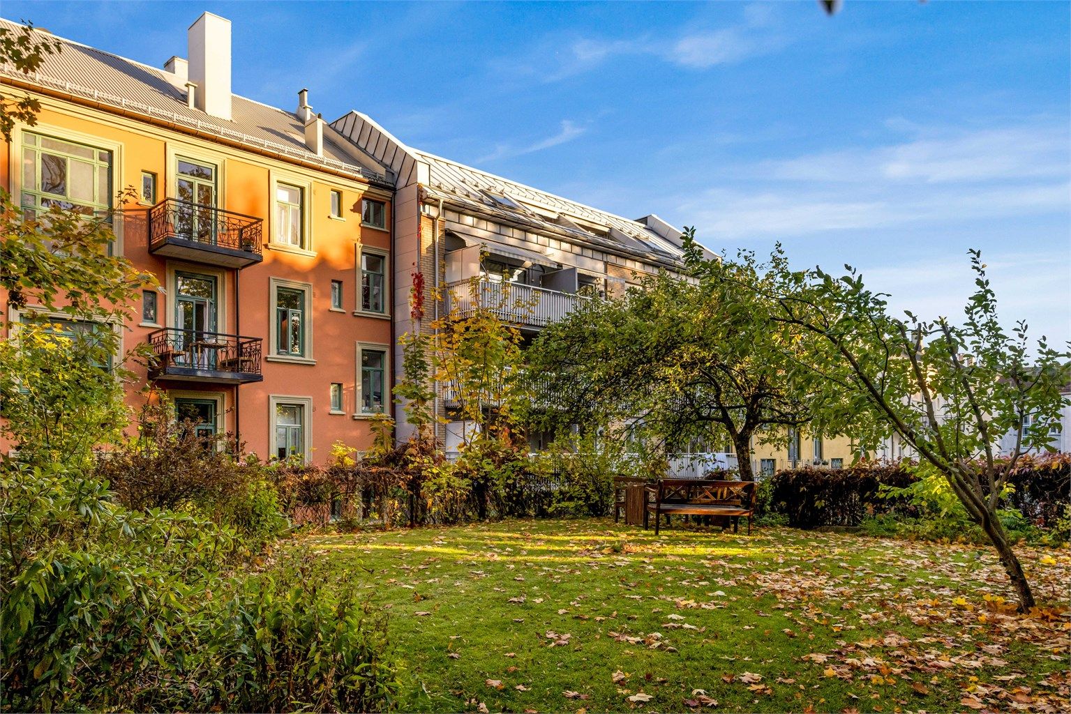 Hyggelig felles bakgård med gressplen og sittegrupper. 