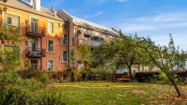 Hyggelig felles bakgård med gressplen og sittegrupper.