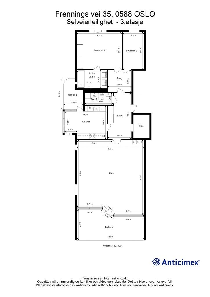 Plantegning. Legg merke til at det er vindu på hele 3 sider. 