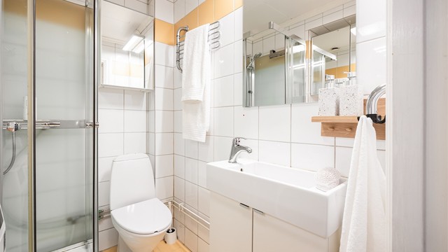 Det er speil med overlys over vasken og speilskap på vegg over toalettet.