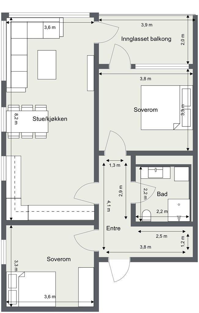 Leiligheten har en arealeffektiv planløsning på 76 m² med to soverom og åpen stue-kjøkkenløsning.