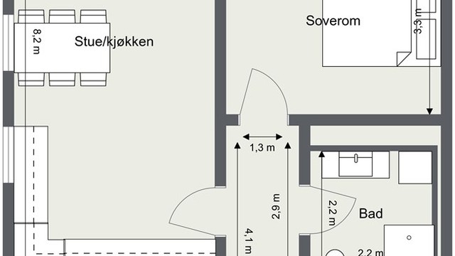Leiligheten har en arealeffektiv planløsning på 76 m² med to soverom og åpen stue-kjøkkenløsning.