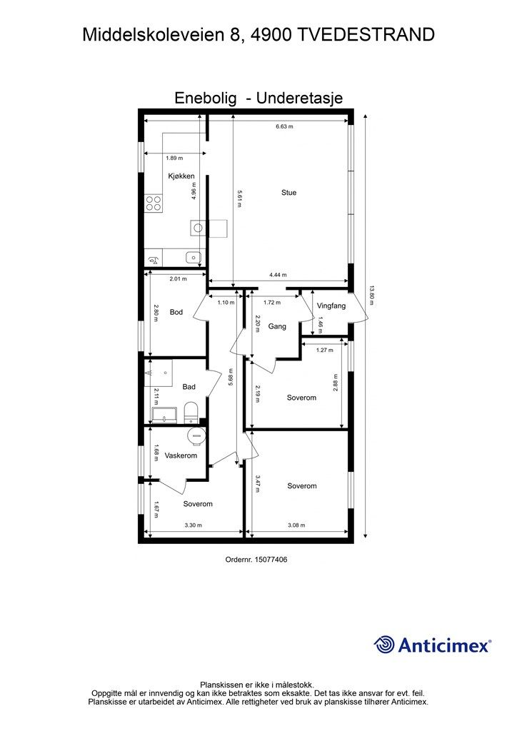 Plantegning Underetasje - Kjøkkenet og det ene soverommet er ikke omsøkt/godkjent til varig opphold. Se mer informasjon i salgsoppgaven.