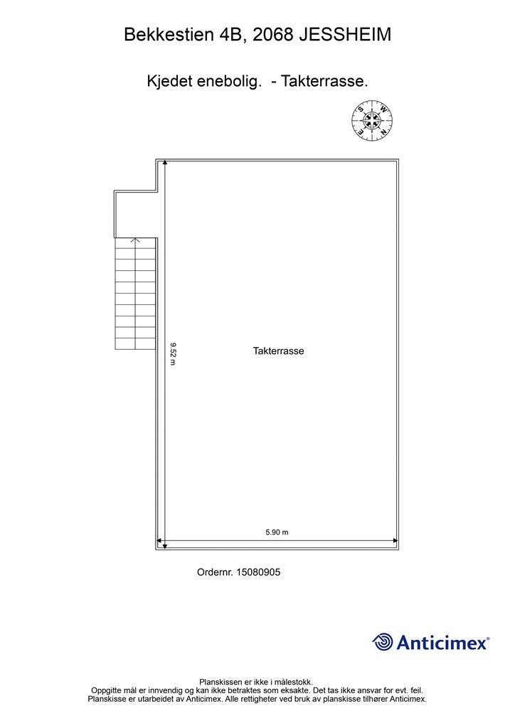 Plantegning av den romslige takterrassen på 56 m².