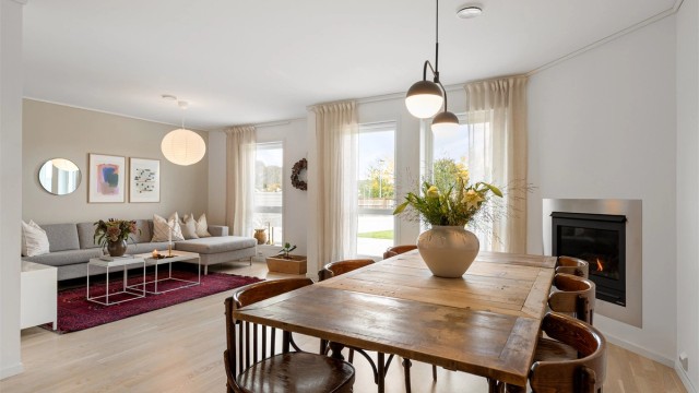 Gjennomgående stue med gasspeis, god plass til spisebord og utgang til hagen.
Foto: Stian Wiik