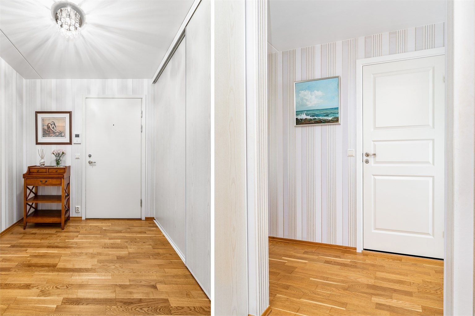 Den romslige entreen er et representativt første møte med leiligheten og utstyrt med skyvedørsgarderobe.