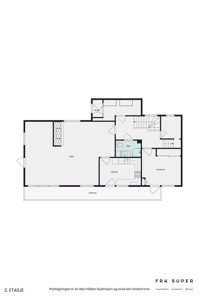 Plantegning - Boligen er oppført i 1960 og opprinnelig strakk boligen seg fra dagens stue til venstre i bildet til og med der det i dag er kjøkken, bad og gang. I 1983 ble boligen utvidet med tilbygg.