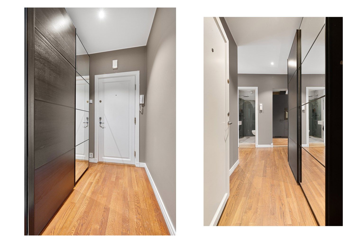 Velkommen inn i en lys entré med god plass til oppbevaring i garderobeskap med speilfronter.