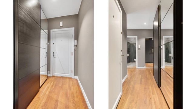 Velkommen inn i en lys entré med god plass til oppbevaring i garderobeskap med speilfronter.