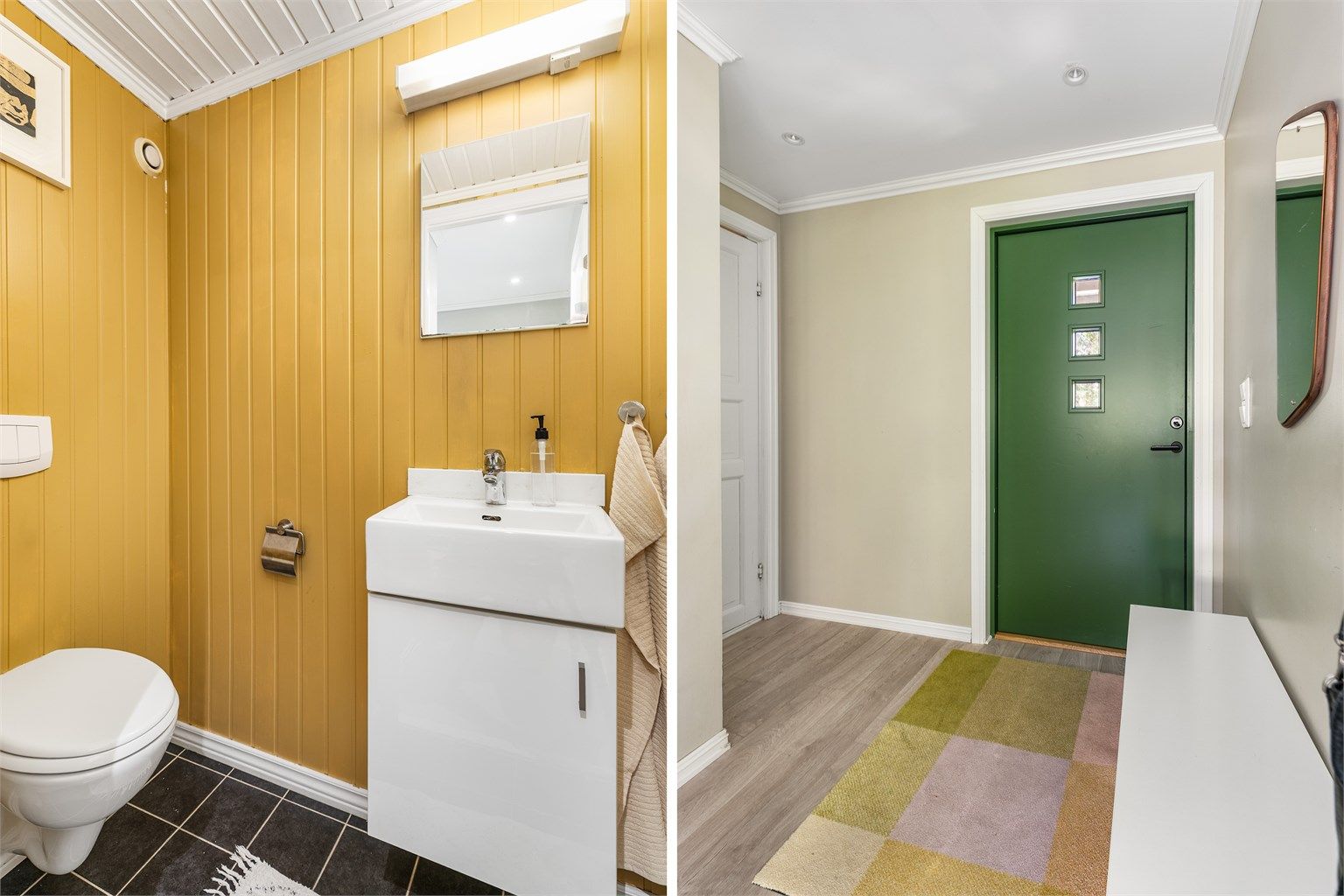 Malerarbeid er nylig utført i flere rom, blant annet i det tilbaketrukne toalettrommet ved entreen.