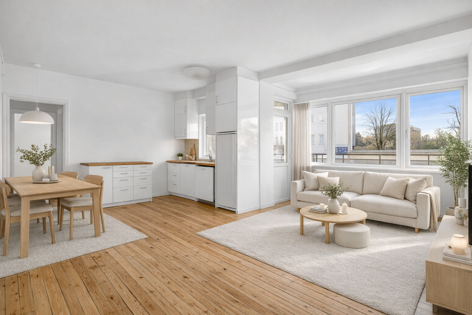 Romslig stue med furugulv og lyse veggflater. ChatGPT stylet bilde for å illustrere. Avvik kan forekomme