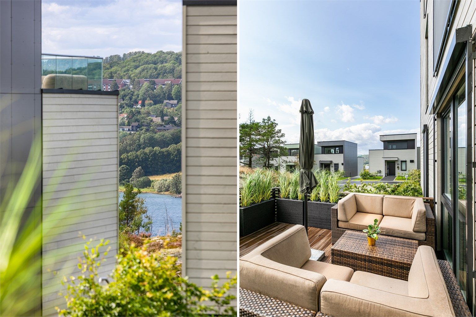 Utvendige screens er montert på solutsatte vinduer.