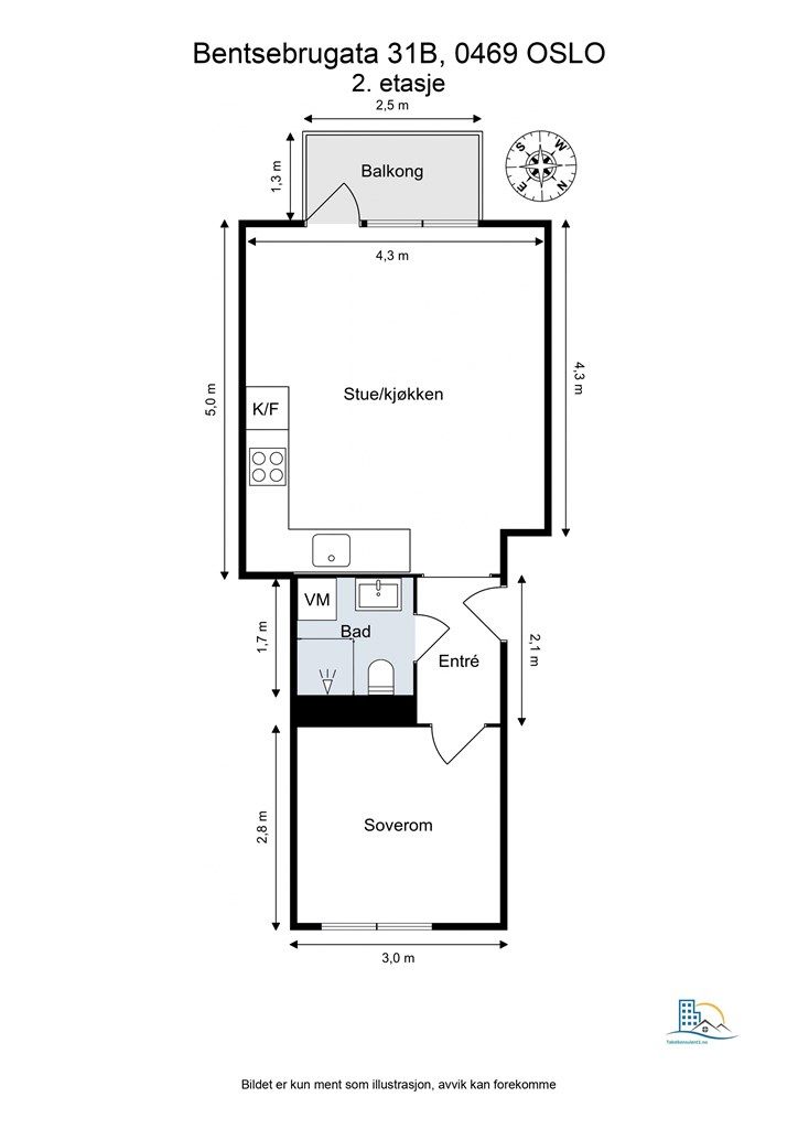 En kvadratsmart planløsning med åpen stue- og kjøkkenløsning, ett soverom, bad og utgang til balkong, som utnytter arealet maksimalt. 