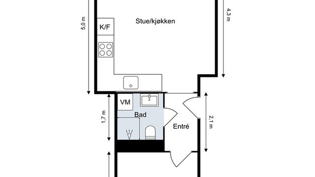 En kvadratsmart planløsning med åpen stue- og kjøkkenløsning, ett soverom, bad og utgang til balkong, som utnytter arealet maksimalt.