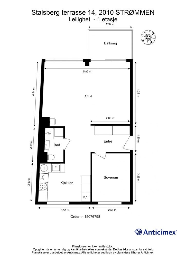 Plantegningen viser en arealeffektiv leilighet på 58 m² med entré, bad, soverom, kjøkken og stue.
