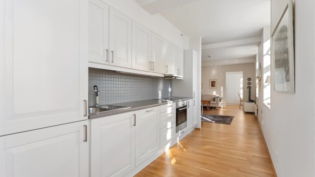 Laminatbenkeplaten er slitesterk, med nedfelt oppvaskkum i rustfritt stål.