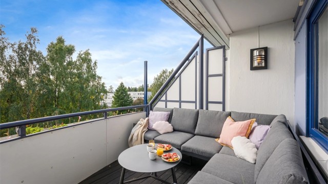 Sydvendt balkong med god plass til sittegruppe og skjermvegg
Foto: Zovenfra