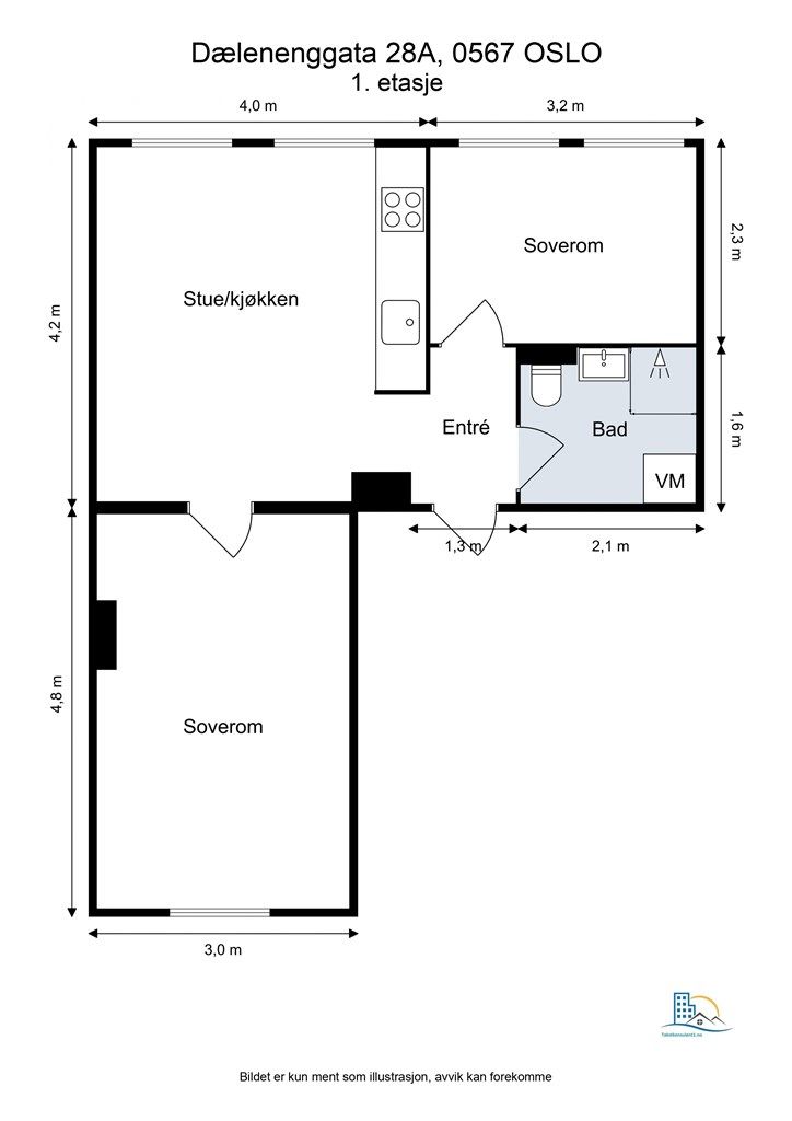 Leiligheten har en arealeffektiv planløsning på 46 m² med to soverom og en åpen stue-kjøkkenløsning. 