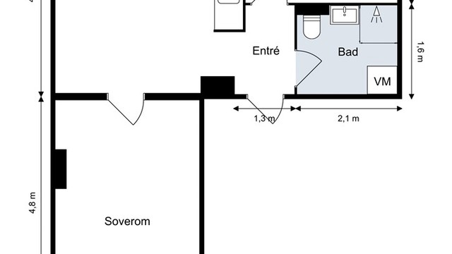 Leiligheten har en arealeffektiv planløsning på 46 m² med to soverom og en åpen stue-kjøkkenløsning.