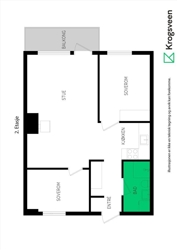 Alternativ planløsning med 2 soverom