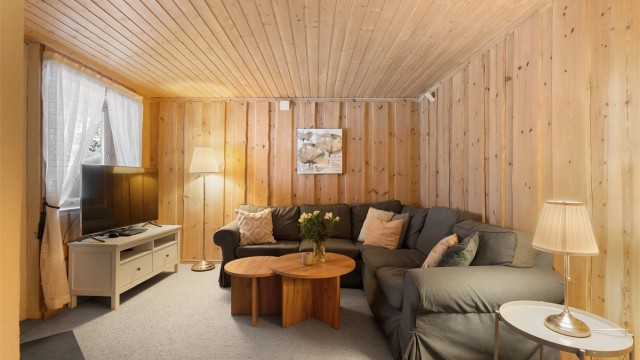 Kjellerstuen gir ekstra spillerom for familien, med panel på vegger og teppe på gulv.