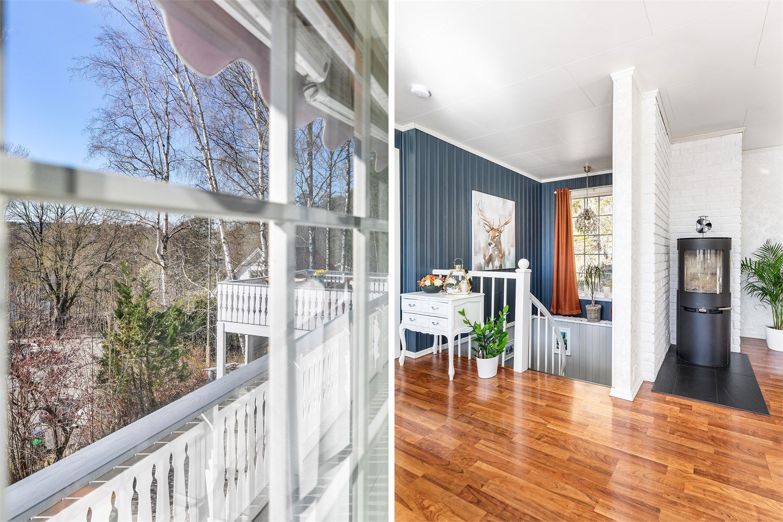 Fra hallen i underetasjen leder trappen rett opp til stuen i første. Vinduer i tre av stuens fire sider sikrer gode lysforhold.