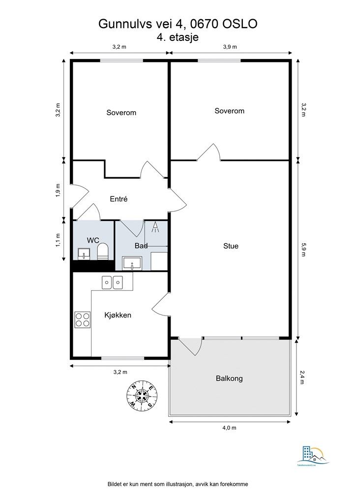 Leiligheten har en arealeffektiv planløsning på 69 m² med to soverom, separat kjøkken og stue med utgang til balkong.