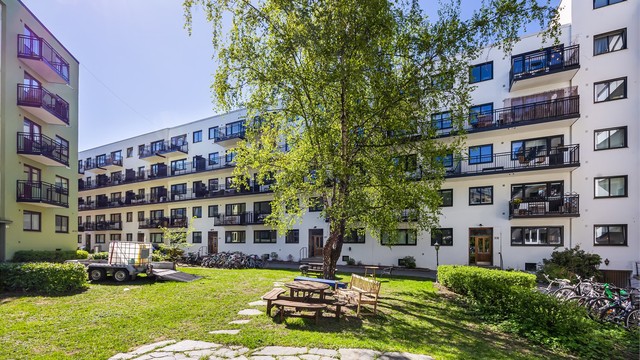 Bakgården er pent opparbeidet med plen, diverse beplantning, trær og sittegrupper.
