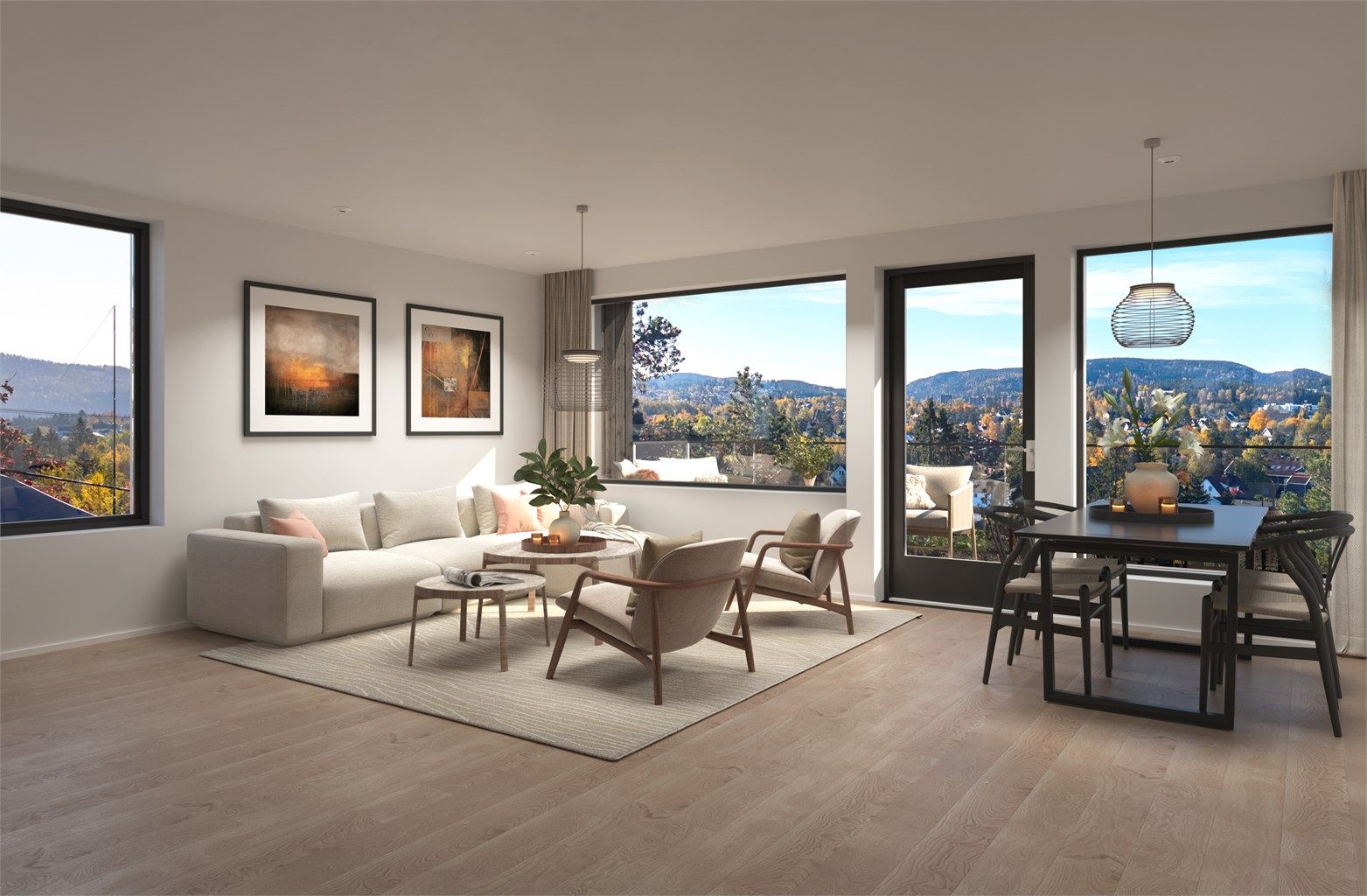 3 D illustrasjon spisestue og stue (avvik må påregnes).