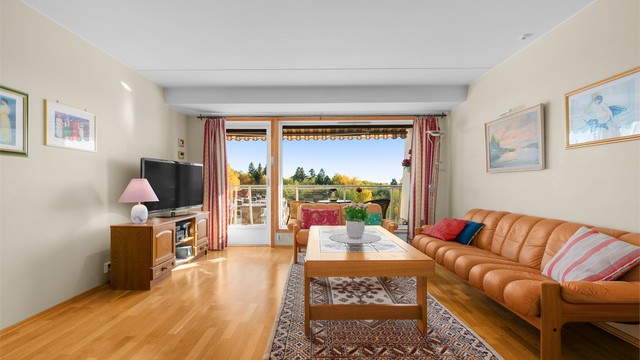 Stuen har store vindusflater som slipper inn rikelig med dagslys, og utgang til terrassen.