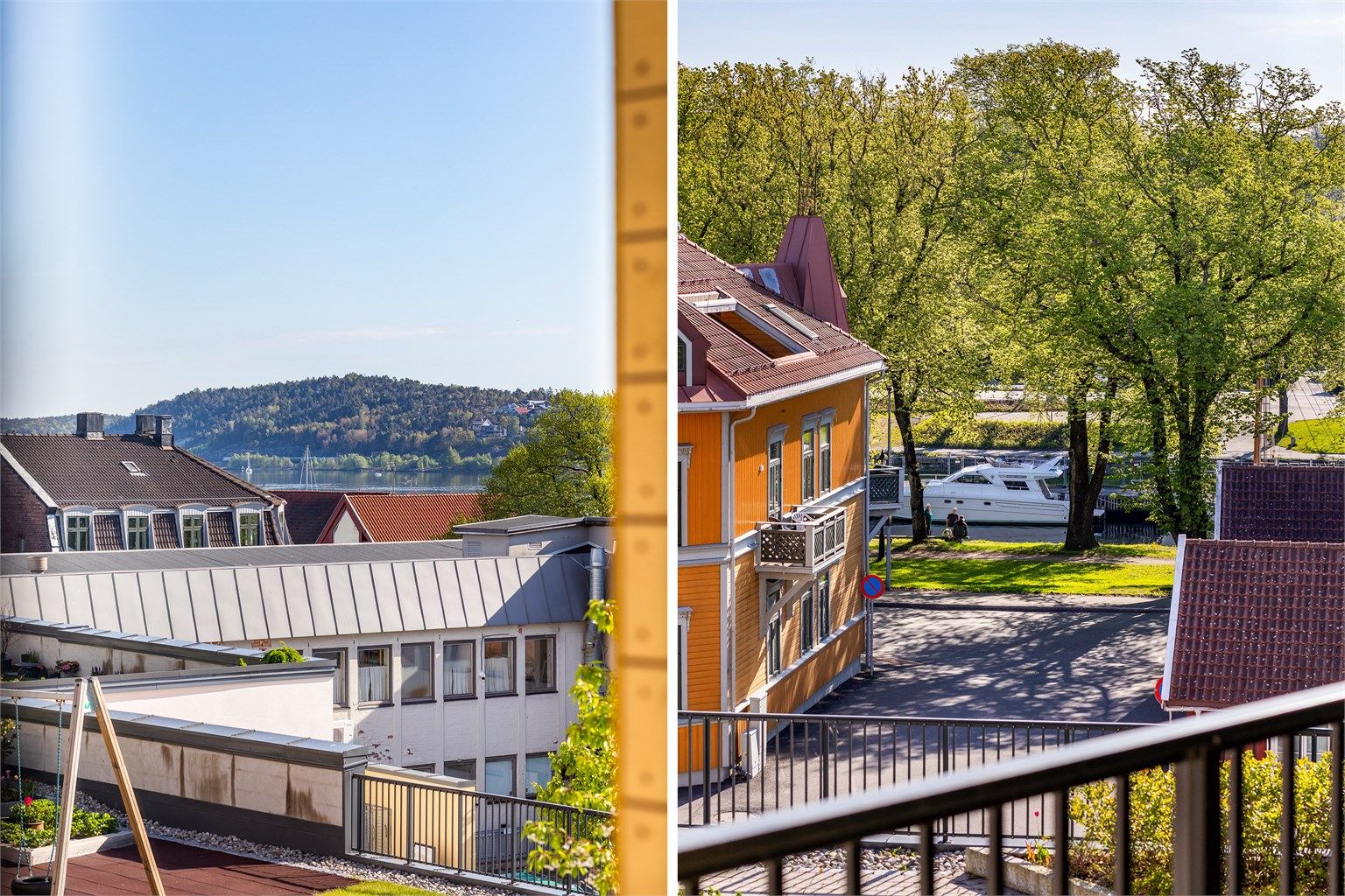 Utsikt fra soverom II til Mossesundet og Kanalparken - fremhevet med zoom.