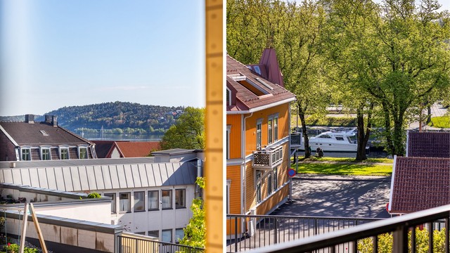 Utsikt fra soverom II til Mossesundet og Kanalparken - fremhevet med zoom.