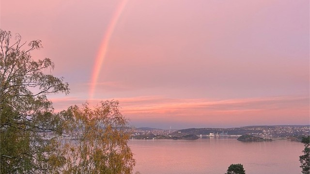 Selgers foto: Naturen byr på magiske øyeblikk med vakre rosatoner og regnbue over fjorden.