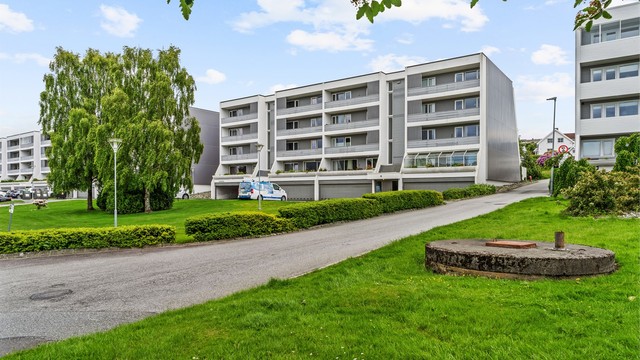 Fellesområdene er opparbeidet med plenarealer og asfalterte internveier.