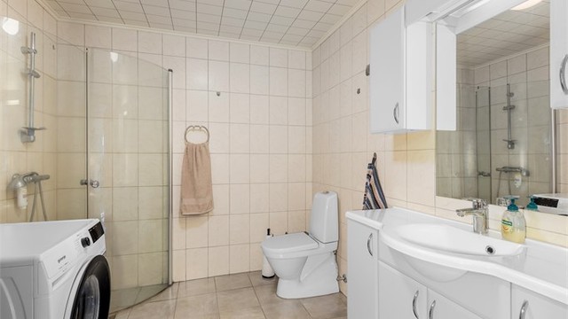 Badet i underetasjen har servant i seksjon, wc og dusjhjørne og opplegg til vaskemaskin.
