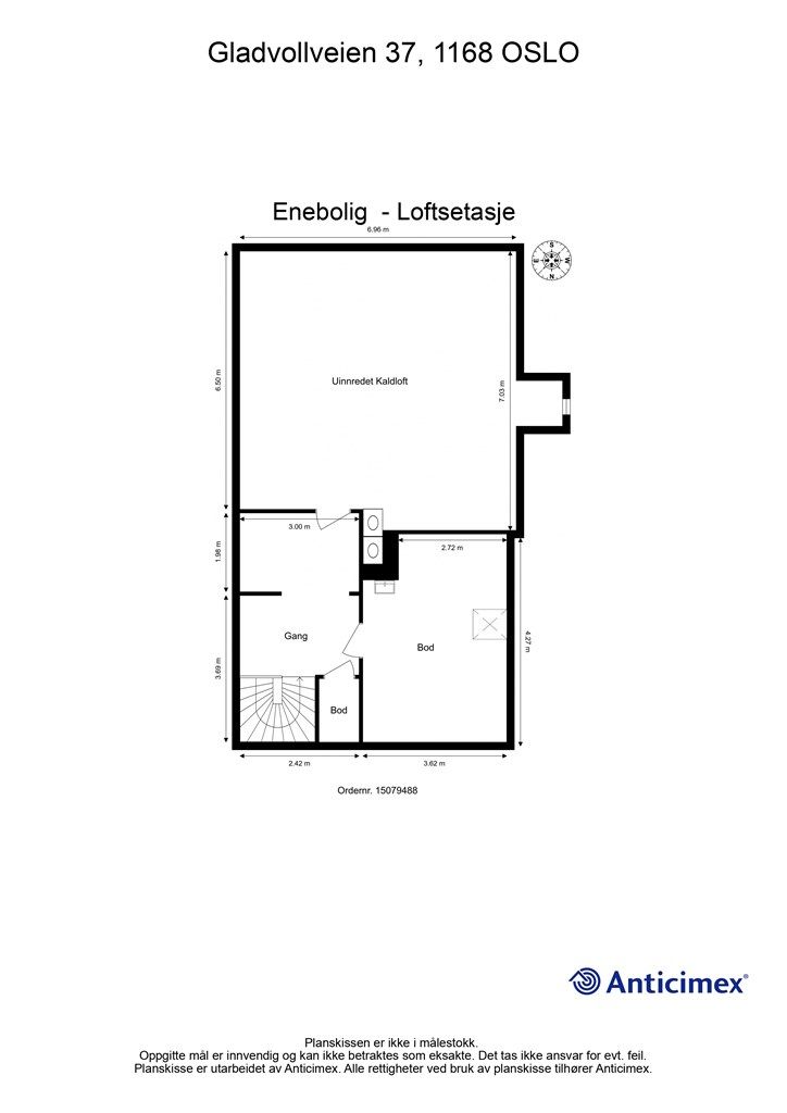 Loftsetasje - Loftet har et gulvareal på 81 kvm (kun 35 kvm som er målbart) og inneholder gang, 2 boder og uinnredet kaldtloft. Loftet har rikelig med lagringsplass